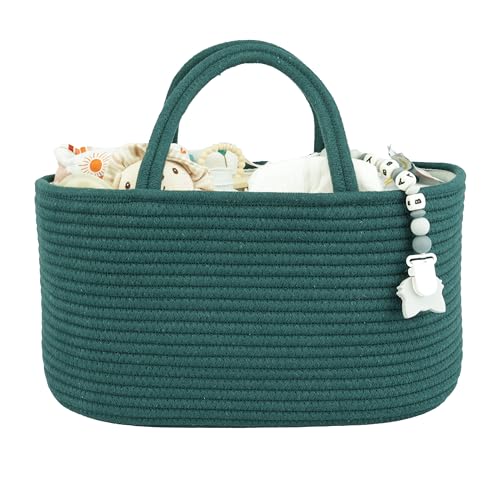Image of XUANGUO Large Baby Diaper Caddy Organizer for Girl Boy Rope Nursery Storage Bin Basket Portable Holder Tote Bag for Changing Table Car Travel Baby Shower Gifts basket dark green