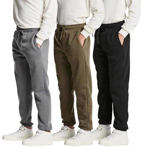 Real Essentials 3 Pack: Boys Fleece Joggers Sweatpants Youth Teens Active Athletic Soft Warm Pants Pajamas Gym Running Tech Sweats Casual Boys' Pockets Kids Drawstrings Sports-Set 3,XL(18/20)