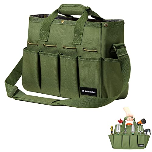 Raynesys Garden Tool Bag, Gardening Tote Bag with Pockets & Long Adjustable Shoulder Strap, Heavy-Duty Garden Tool Storage Home Organizer Gardening Tool Kit Holder, Dark Green