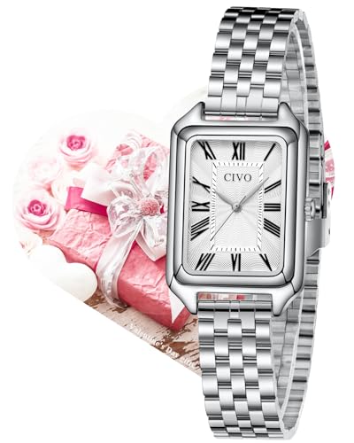 CIVO Vintage Armbanduhr Damen Silber: Rechteckiges Gehäuse mit Römischen Ziffern - Damenuhr Edelstahl für Hochzeiten, Jubiläen, Formelle Anlässe