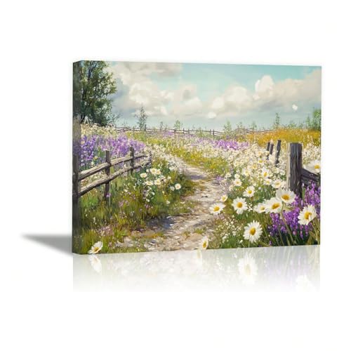 Image of AIHNBF Tranquil Wildflower Meadow Path Canvas Wall Art, Rustic Countryside Landscape Painting Print, Farmhouse Nature Decor for Living Room Bedroom, Poster 60 x 90 cm