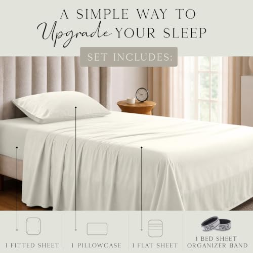 Image of KARISSA MAE Luxury Bamboo Viscose Twin Size Sheet Set | FSC Certified | Cooling | Ultra Soft | 18 inch Deep Pockets | Elastic Corner Straps | Includes Organizer Band [Ivory]