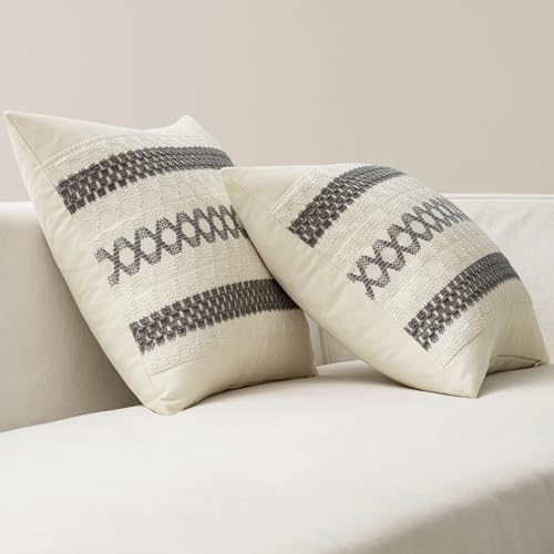 Image of MIULEE Set of 2 Gray Boho Decorative Lumbar Pillow Covers 12x20 Inch | Farmhouse Couch Throw Pillows Modern Cotton Cushion Covers Macrame Woven Spring Home Decor for Bed Sofa Chair