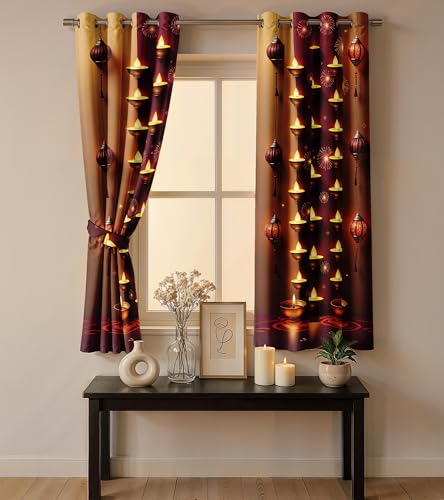 Image of Ultimate Trends Festival Themed Light Filtering Polyester Curtain Diya, Lantern, Lotus & Fireworks Print | Ideal for Diwali, Pooja Room, Living Room Dcor | Eyelets|, 8 FEET (Pack of 1)