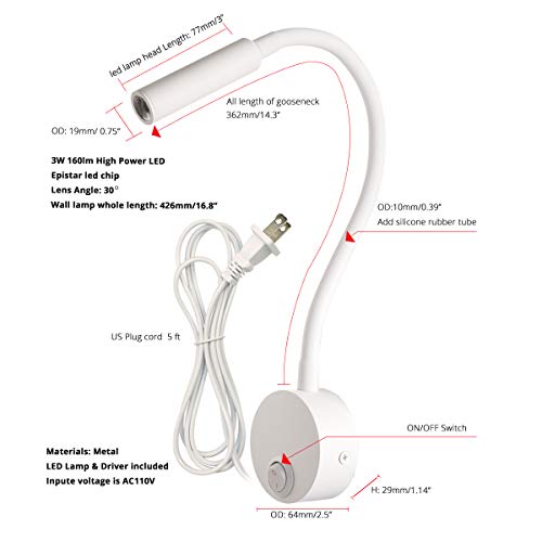 Image of White Wall Mount Reading Light for Headboard Bright 6000K Pure White 25 Focused Beam Bed Flexible Neck Task Lamp for Home Hospital Hotel Marine Yacht Bunk Bed 4.92ft Plug-in Cord