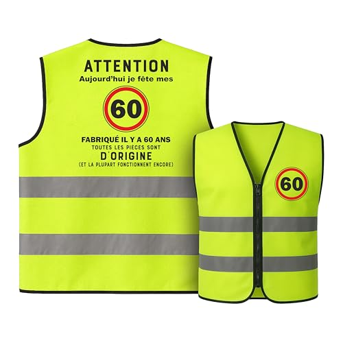 CROWNLY® Gilet Jaune 60 Ans Homme et Femme Idée Cadeau Anniversaire Original ou Départ Retraite Vêtement de Signalisation Haute Visibilité Réfléchissant...
