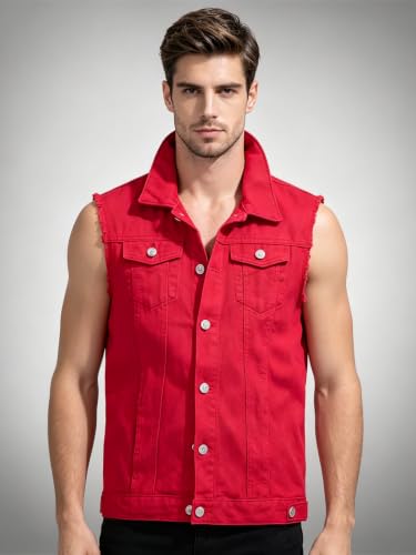 Image of Men's Sleeveless Ripped Denim Vest Casual Slim Fit Button Down Jeans Vests Jacket