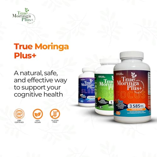 True Moringa Plus+ Focus Support Supplement 10:1 Extract | 20,000mg of Organic Moringa, Reishi, Cordyceps, Lion’s Mane, Ashwagandha, Bacopa Monnieri | Memory & Brain Health for Adults (150 Capsules)