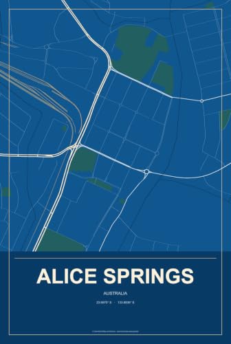 Alice Springs Australia Street Map Aluminum Sign, Harbor Cobalt, 8" x 12"