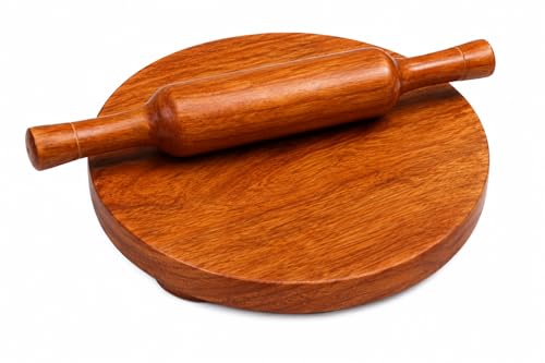 Image of Wooden Floral Design Rolling Board with Rolling Pin, Teak Wood Chakla, Polpat, Chapati Maker, 10 Inches