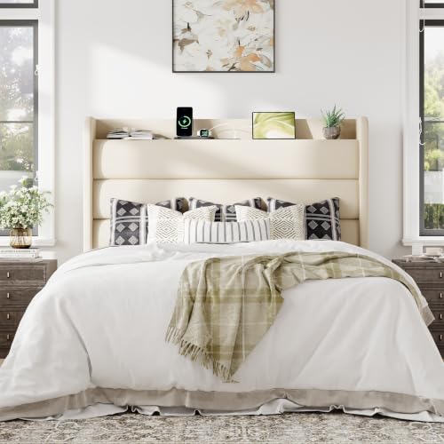 Image of Allewie Full Size Upholstered Bed Frame with Charging Station, Cream