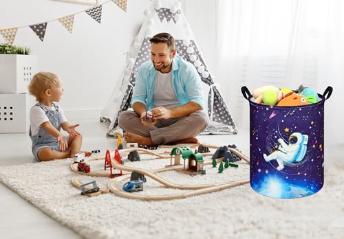 Image of Collapsible Kids Laundry Basket Clothes Hamper, Foldable Storage Organizer Bin, Toy Clothes Storage with Handles for Boys Girls Bedroom, Room Decor Astronaut