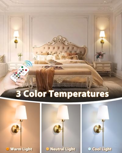 Image of Adetu Battery Operated Wall Sconce Set of 2, Gold Wireless Battery Wall Lights