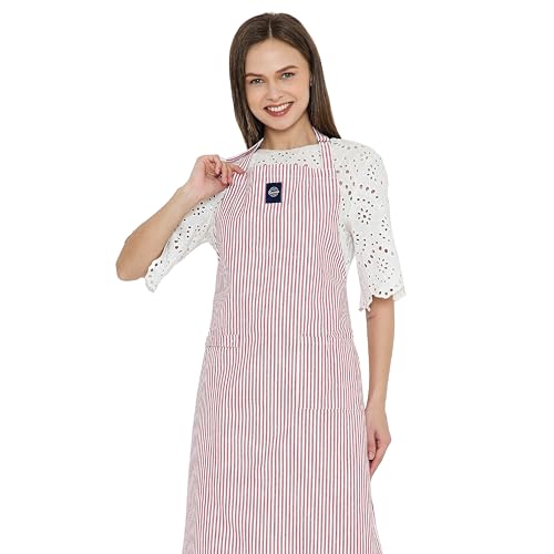 Image of Encasa XO Cotton Cooking kitchen Apron for Women and Men chef apron With adjustable neckstrap, Pocket & Towel Holder for Easy cooking, Baking, BBQ, Gardening- Ticking Red, 68x85 cm