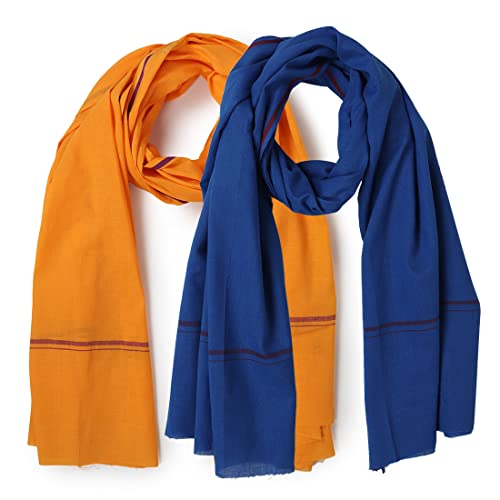 Image of Cotton Skin Friendly Summer Shrink Proof Bath Towel Pure Cotton Gamcha Soft 100% Men Boys All Purpose Living Handloom Blue Mustard (Pack 02)