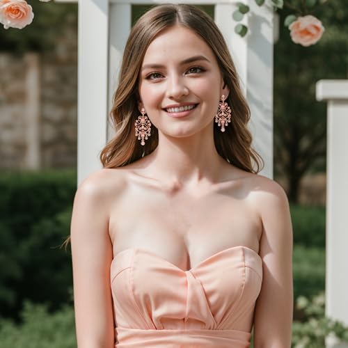 BriLove Wedding Bridal Dangle Earrings for Women Vintage Style Crystal Drop Hollow Filigree Chandelier Earring Peach Morganite Color Rose-Gold-tone by BriLove - Image 2