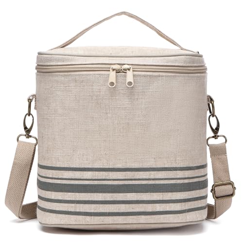 neatlife Lunch Bag for Women, Soft Linen Lunch bag with adjustable shoulder strap, Insulated Womens Lunch Bag for Work, Machine Washable Lunch Box with removable liner (Gray Stripe) - image 1