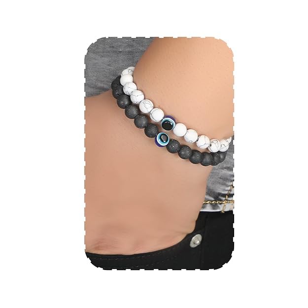 Image of Fashion Frill Stylish Couple Bracelets Black & White Red Natural Stone Onyx Stretchable Wrist Band Heart Magnetic Bracelet For Women Men Boys Girls Love Gifts Friendship Promise Bracelets
