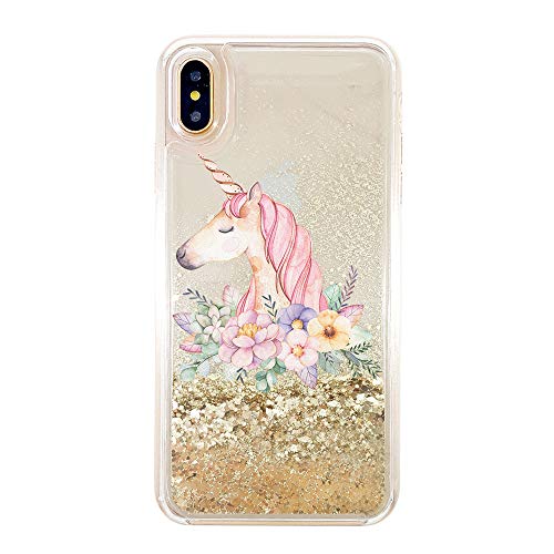uCOLOR Unicorn Floral Glitter Case Compatible for iPhone Xs Max Gold Waterfall Liquid Sparkling Quicksand Clear Protective Case Compatible for iPhone Xs Max(6.5