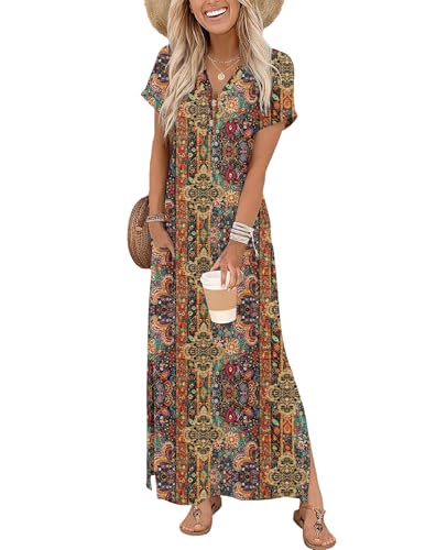 Zeagoo Maxi Dresses for Women Summer Dresses 2026 Floral Dress with Short Sleeve Casual Sundress Casual V Neck Dress Floral-721 M
