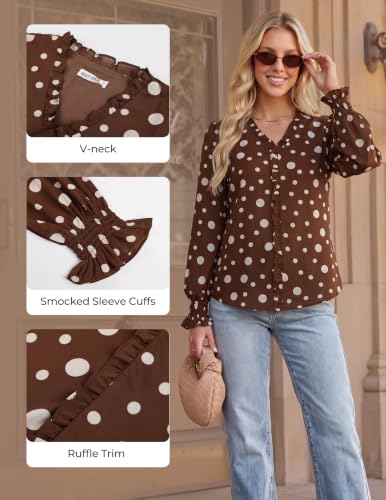 GRACE KARIN Womens Long Sleeve Boho Tops Ruffle Work Blouses Coffee L - image 5