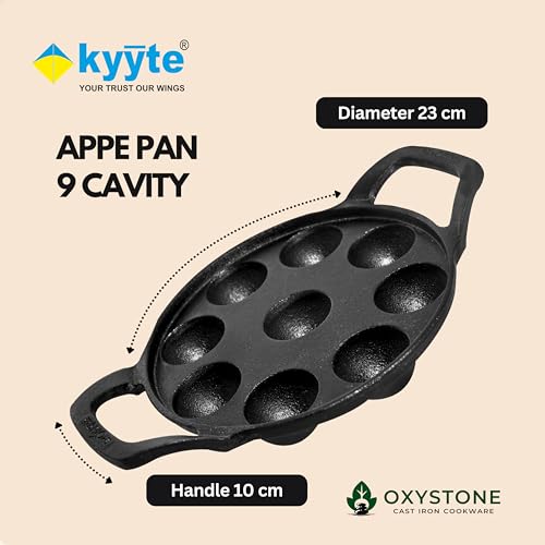 Image of kyyte OxyStone Pre-Seasoned Cast Iron Appe Pan Round 9 Cavities,Paniyaram,Muffin,Appam,Gunta Ponganalu,Paddu Pan Naturally Nonstick Cast Iron,100% Pure,No Chemical Coating,Gas,Induction,OTG Friendly.