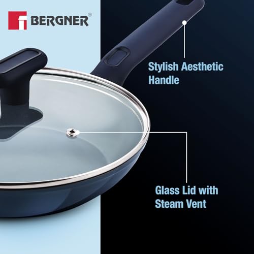 Image of BERGNER Jade 24cm Frypan with Glass Lid, Ceramic Non-Stick Coating, Sturdy Soft Touch Handle, PFOA /PFAS /PTFE Free, Consumes Less Oil, Healthy Cooking, Forged Aluminium - Induction and Gas Stove Ready