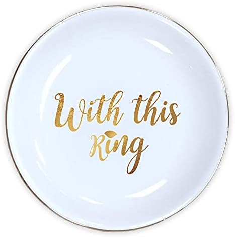 With This Ring Ring Holder White & Decorative Gold | Ring, Bracelet, Jewelry, Trinket Tray/Dish | Great for Wedding Ring, Earrings, Diamond Ring & Engagement Ring Holder | Office & Home Décor