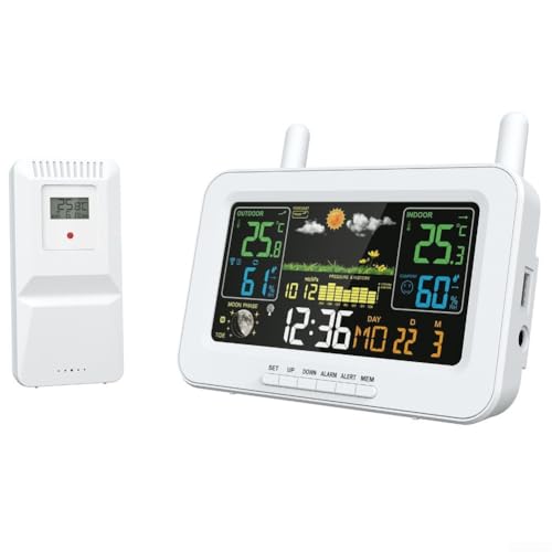 Pumixiy Stazione meteo multifunzione 6 in 1 con sensore esterno con portata di 100 m e display LCD a colori che fornisce previsioni meteo reali e dati ambientali (bianco UK)
