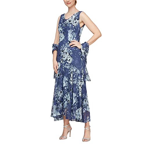 Image of Alex Evenings Women's Formal Sleeveless Cowl Neck Floral Print Gown with Shawl, Wedding Guest, Mother of The Bride Dress