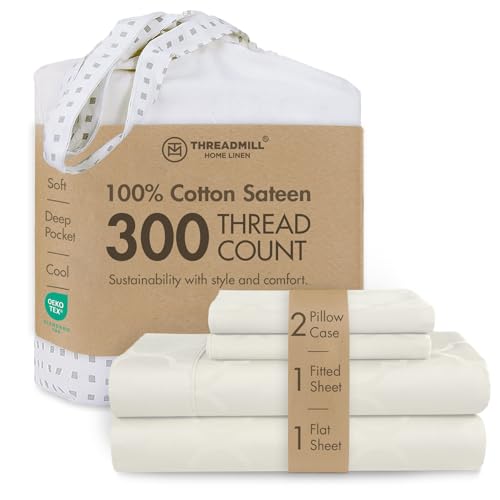 Image of Threadmill 300 Thread Count Cotton Full Sheet Set, Sateen, Jacquard, Ivory