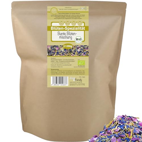 direct&friendly | Bio bunte Blütenmischung | 250g | farbenfroher Essblüten-Mix aus Rosen-, Ringelblumen- und Kornblumenblütenblättern