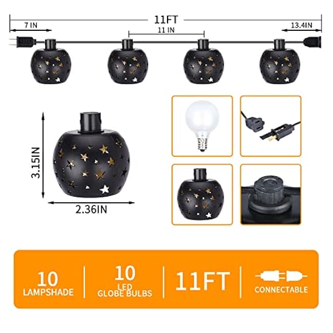 Lantern String Lights with 10 Clear G40 Bulbs and Star Plastic Lamp Shades, Indoor Outdoor String Lights for Patio Yard Christmas Decor