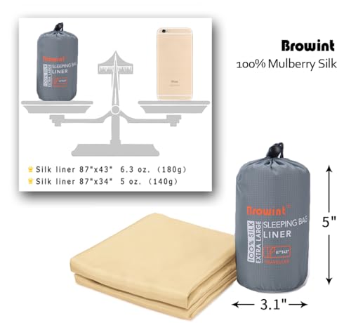 Image of BROWINT Silk Sleeping Bag Liner, Silk Sleep Sack, Extra Wide 87 inchx43 inch & 87 inchx34 inch, Lightweight Travel Sheet for Hotels, Envelop Style 73 inchx34 inch, Hooded Mummy 87 inchx41 inch, More Colors, Reinforced Gussets