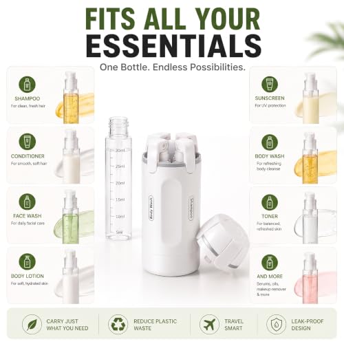 Image of 4 in 1 Travel Dispenser Bottle, TSA Approved Leak Proof Refillable Travel Toiletry Containers, 4x30ml Bottles for Shampoo,Oil,Lotion,Body Wash,Travelling Accessories Kit for Women,Men (White)