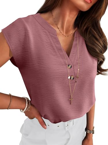 ANRABESS Womens Tops Cap Short Sleeve Henley Shirts Textured Dressy Casual V Neck Button Summer Trendy Work Blouses Outfits Dusty Rose XX-Large