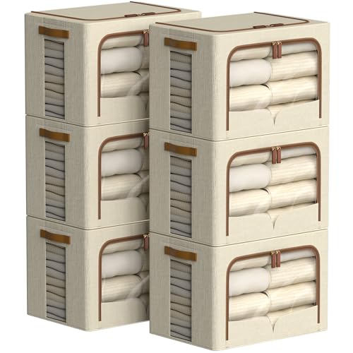 FHSQX 6 Pack Clothes Storage Bins with Metal Frame, Ivory White, 19.7x15.7x13 inch