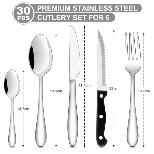 Joyfair 30 Pcs Cutlery Set with Steak Knives, Stainless Steel Flatware Silverware Set for 6 People, Eating Tableware with Fork Knife Spoon for Home/Camping/Party, Mirror Finished & Dishwasher Safe - Image 3
