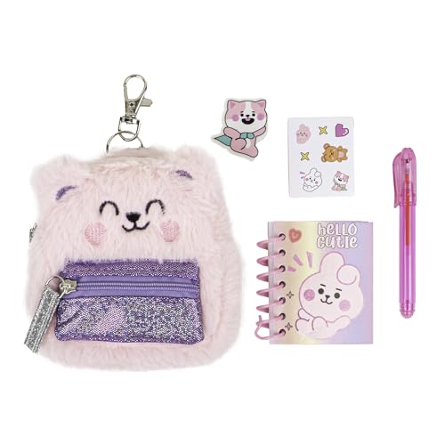 VOTUM Pink Bear Keychain Charm for Backpacks, Purses, Handbags, Car Keys with Stationery Set - Includes Mini Notebook, Gel Pen, Eraser, Stickers - Portable & Fun Gift for Tweens & Adults Ages 8+