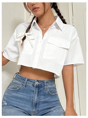 MakeMeChic Women's Cropped Button Down Shirt Collar Short Sleeve Pocket Crop Tops3