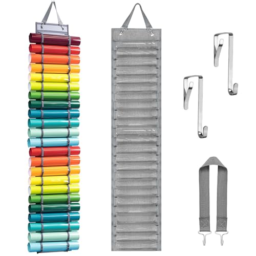Zyiphor Portarrollos de Vinilo Estante de Almacenamiento de Vinilo Organizador Rollos Vinilos con 24 Compartimentos Soporte Pared Ganchos Correa para Papel Regalo Dibujos Diseño Almacenamiento (Gris)