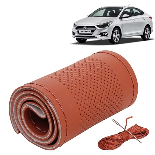 Image of KINGSWAY PU Leatherite Car Steering Cover Sewable Compatible with Hyundai Verna (Year 2017-2019), Tan Color with Tan Thread, Pack of 1 with Sewing Needle and Thread