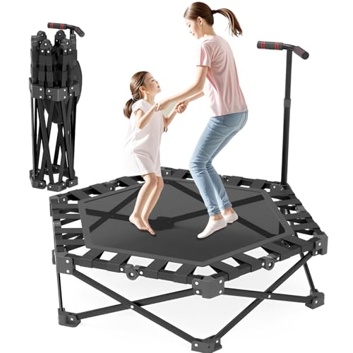 Trampolines plegables para interiores para adultos y niños, trampolín hexagonal de 44 pulgadas con pasamanos ajustable, entrenador cardiovascular para exteriores o en casa, soporta 400 kg (negro, 106