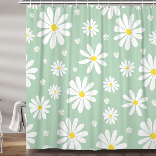 Green Daisy Floral Shower Curtain, Cute Boho White and Green Groovy Retro Flower Fabric Shower Curtains Set for Girls Bathroom Decorative, Aesthetic Restroom Decor Accessories with Hooks 72X72 Inch