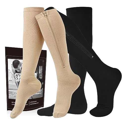 Image of cerpite Zipper Compression Socks, 2 Pairs 15-20 mmHg Closed Toe Compression Stockings for Men Women