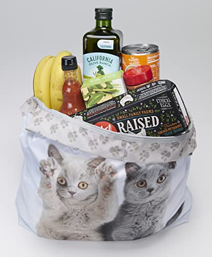 O-Witz Reusable Grocery Bags | Vibrant Tote Bag For Groceries, Gym, Beach Gear, Toys & More | Washable Design With Large Handles For Maximum Convenience | Folds Into A Small Pouch, Cat Gray #TOP1