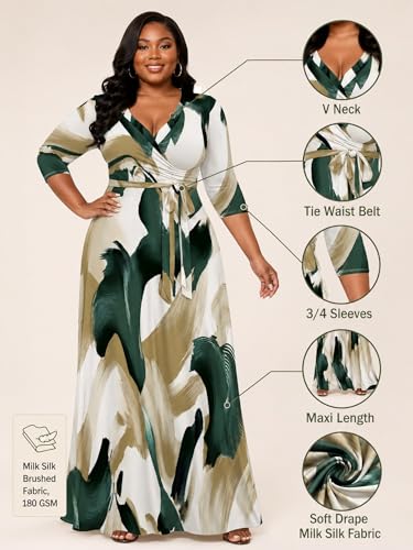 Image of PinkPatty Women's Print Maxi Dresses 3 /4 Sleeve Flowy Long Dress V Neck Wrap Tie Waist Sundress