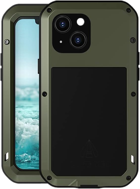LOVE MEI Compatible with iPhone 13 Mini Case, Outdoor Sports Waterproof Military Heavy Duty Shockproof Dust/Dirt Proof Hybrid Aluminum Metal+Silicone+Tempered Glass Case Cover (Green)
