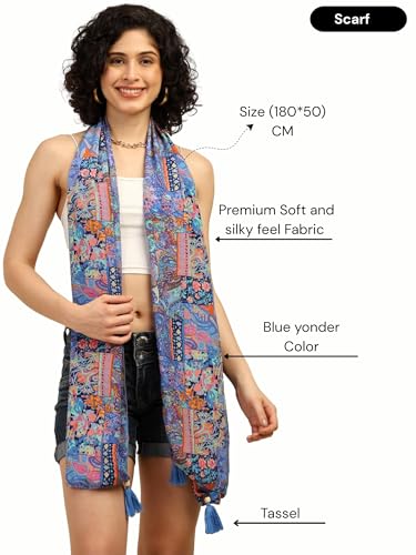 Image of KE KANHA EXPORTS Scarf for Women Boho | Border Print Stylish | Stole for Women Breathable Summer Beach Wrap with Tassels | Multicolour |180 x 50 cm FREE Scrunchie Included