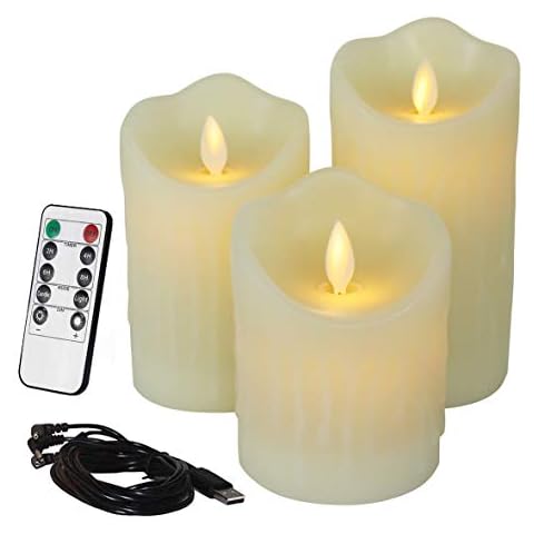 CVHOMEDECO. Flameless Candles Electronic Rechargeable Battery Extra Bright Ivory Dripping Real Wax Pillars LED Flickering Pillar Candle with 10-Key Remote Control, 3 PCS in Set Cover